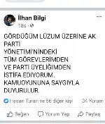 AK Parti Taraklı İlçe Yönetim Kurulu Üyesi İlhan Bilgi İstifa Etti